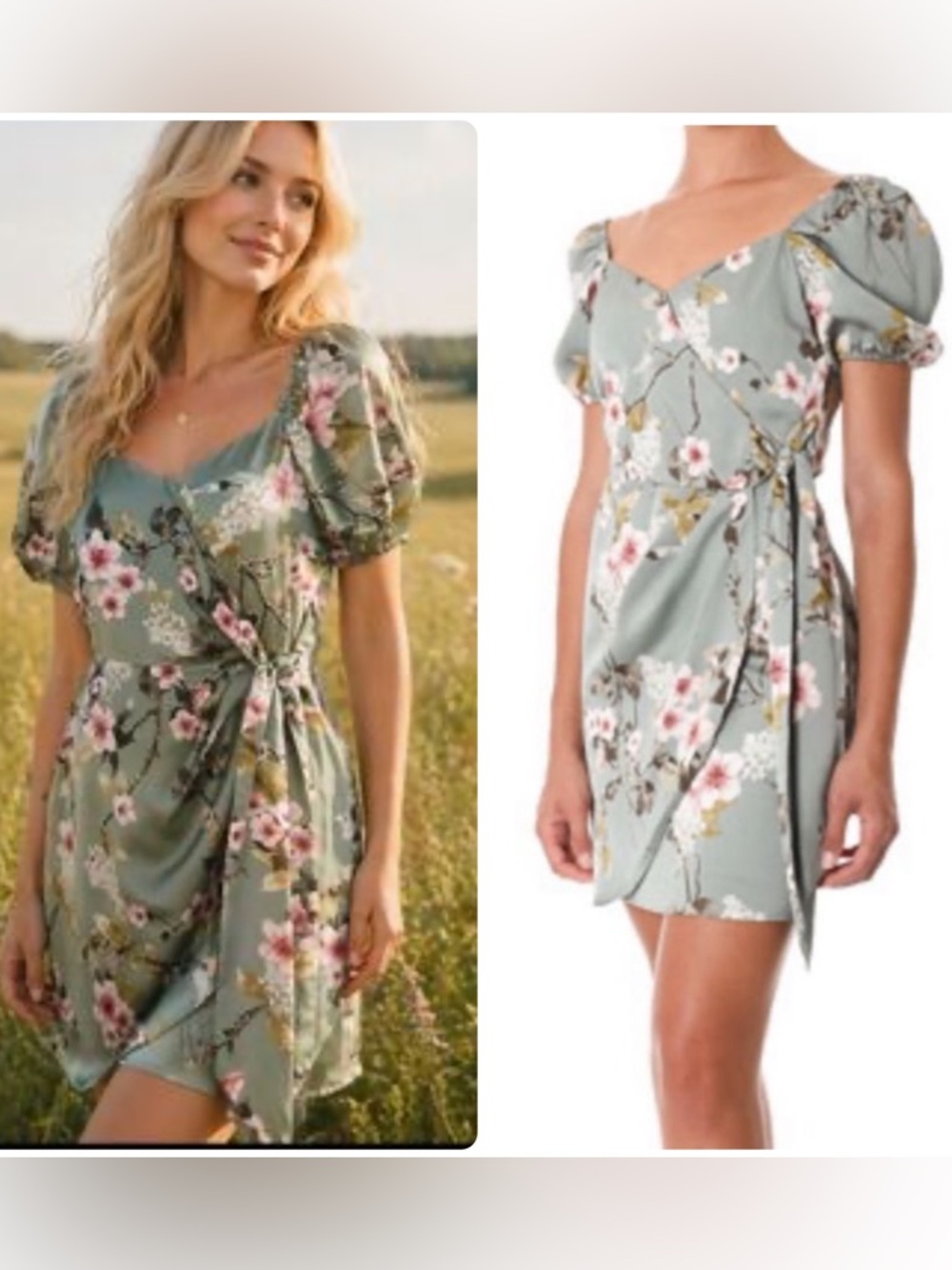 IF BY SEA Revolve Puff Sleeves Floral Sage Tie Wrap Mini Dress NWT $129